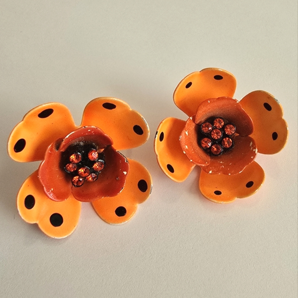 Big vintage earrings enamel flower polka dots floral flower power bright neon